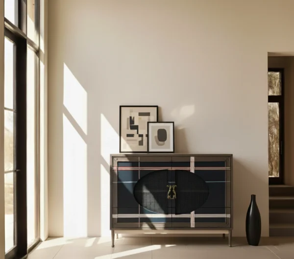 Cómoda Asta, un elegante mueble de diseño minimalista en color gris antracita con 2 puertas y patas de madera.
