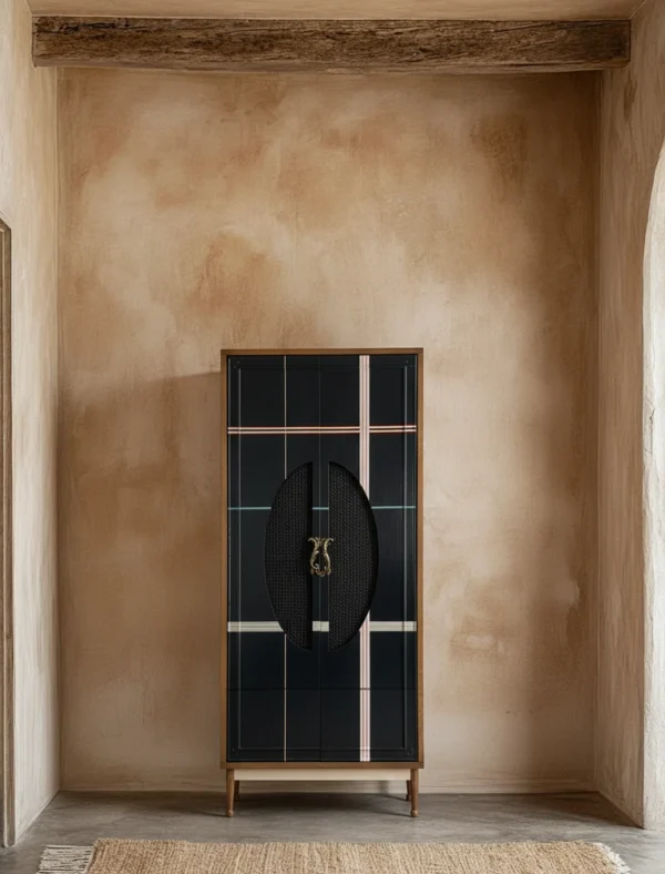 Armario Astra, un mueble de diseño moderno con acabado negro, patrón de cuadrícula y líneas de color, ideal para salón
