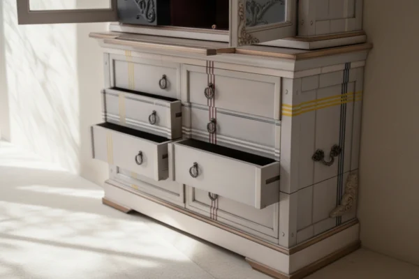Detalle de la Vitrina Nodalo: Mueble de diseño con herrajes dorados y frentes que simulan rejillas y patrones geométricos.