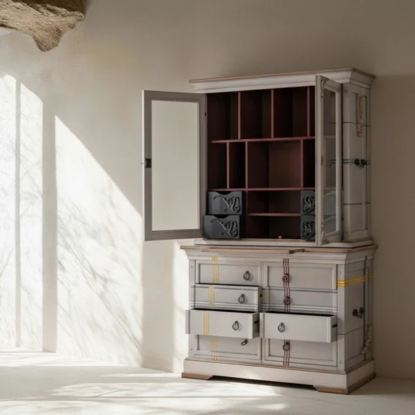 Elegante vitrina Nodalo, mueble de diseño que combina cajonera clásica con un acabado artístico de líneas de color y patrones.