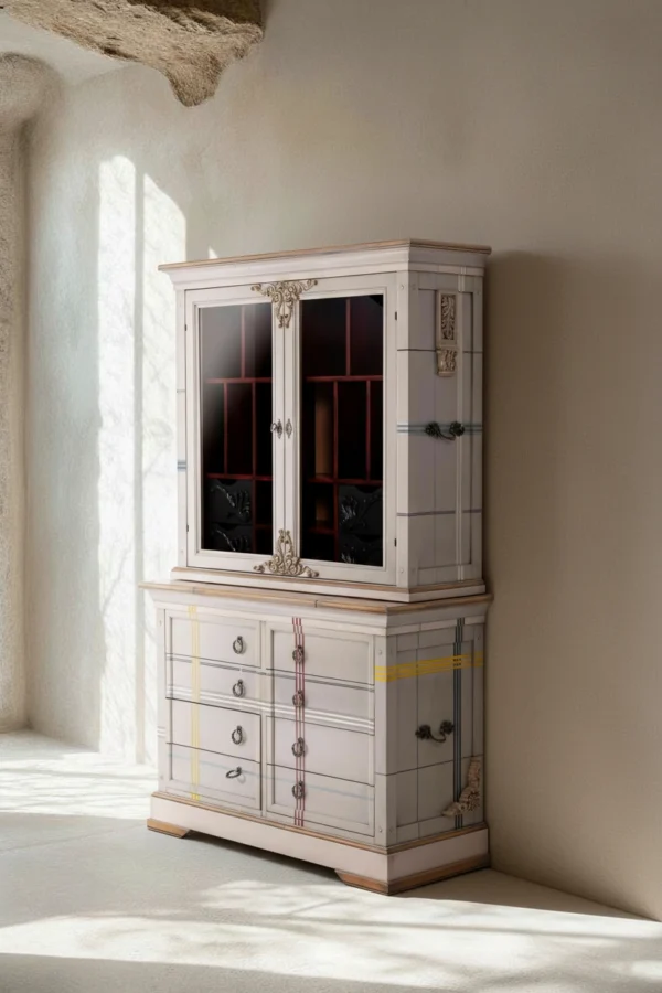 Vitrina Nodalo: Mueble de diseño con cajonera inferior y vitrina superior de cristal, acabado en gris con líneas de color