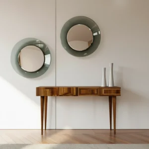 Consola Totem: Mueble de diseño moderno con marquetería geométrica en madera de nogal y patas cónicas para recibidor.