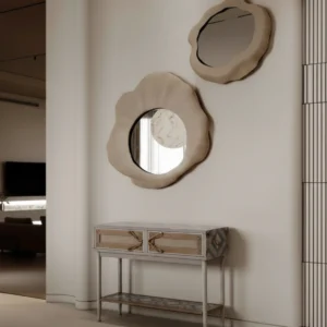Consola Zen, un mueble de diseño étnico en gris con patrones geométricos, dos cajones y tiradores dorados con forma de lazo