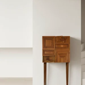Mueble de entrada Totem: Mueble de diseño con patrón geométrico tridimensional en marquetería de madera de nogal sobre patas cónicas.