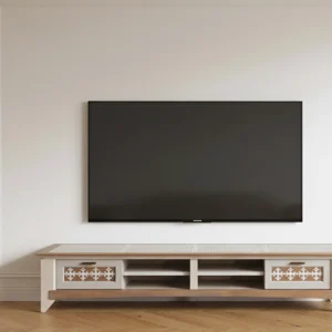 Aparador Ada, mueble de diseño boho chic con puertas de rejilla tallada y cuerpo en madera natural para salón