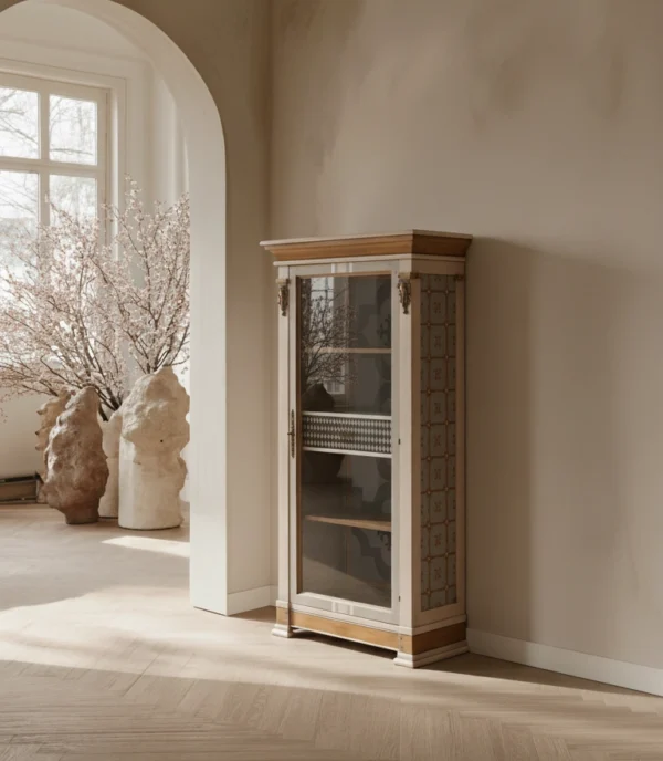 Vitrina San Juan: Mueble de diseño clásico y moderno con puerta de cristal, patrón geométrico lateral y adornos tallados en la parte superior.