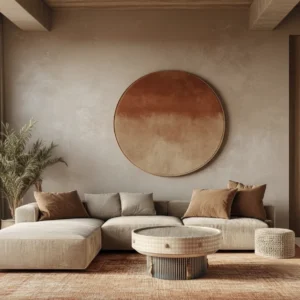 Mesa de centro Fénix: Mueble de diseño circular con tapa de tablero de ajedrez, patrón de rombos lateral y flecos dorados decorativos