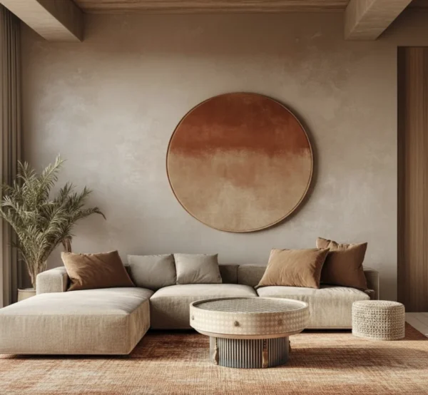 Mesa de centro Fénix: Mueble de diseño circular con tapa de tablero de ajedrez, patrón de rombos lateral y flecos dorados decorativos