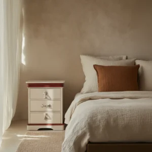 Mesita de noche Rubí, un mueble de diseño con tres cajones, tapa roja y herrajes plateados, en un dormitorio moderno