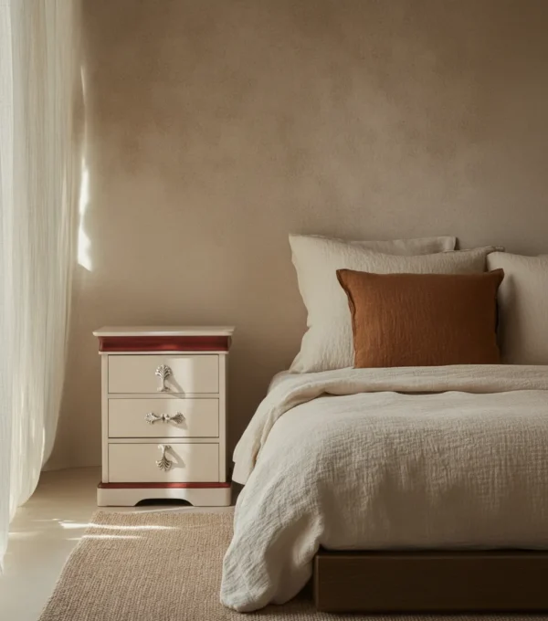 Mesita de noche Rubí, un mueble de diseño con tres cajones, tapa roja y herrajes plateados, en un dormitorio moderno