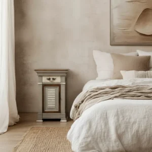 esilla de noche San Juan: Mueble de diseño con cajón y puerta, acabado en gris y patrones de rombos, ideal para dormitorios