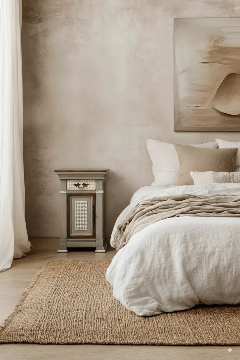 esilla de noche San Juan: Mueble de diseño con cajón y puerta, acabado en gris y patrones de rombos, ideal para dormitorios