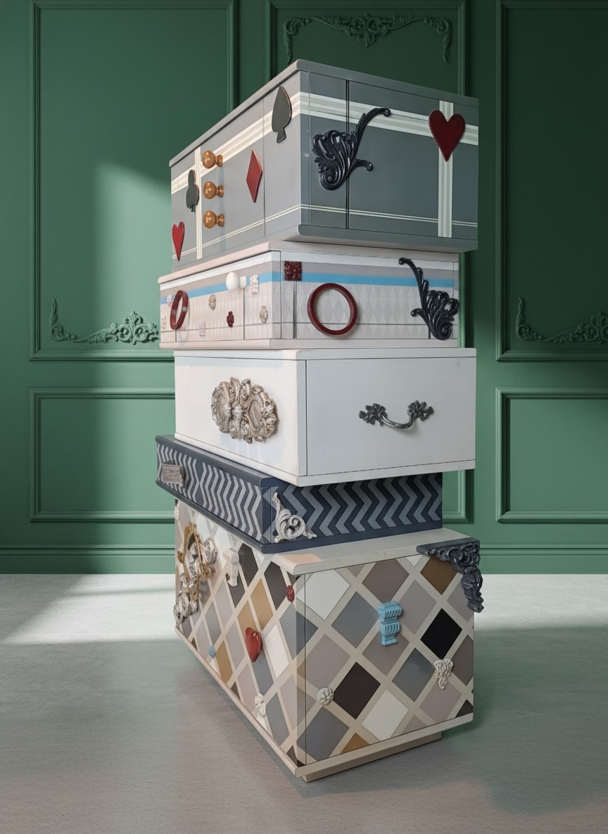 Sinfonier Alice con módulos descentrados y mezcla de colores y relieves, fotografiado sobre fondo verde con molduras clásicas.