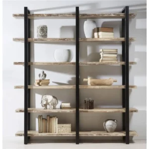 Estantería abierta madera‑metal mezclas naturales para decoración contemporánea