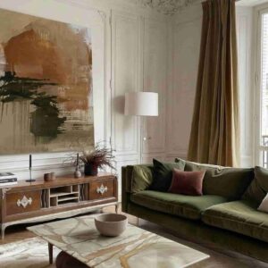 Aparador Cibeles integrado en un salón clásico contemporáneo con sofá verde y arte en gran formato