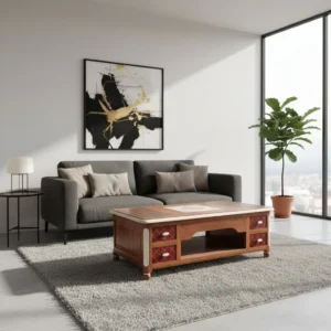 mesa de centro Dualia ambientada en un ambiente cálido y luminoso