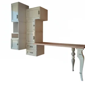 escritorio Trama artesanal con módulos suspendidos sobre fondo blanco