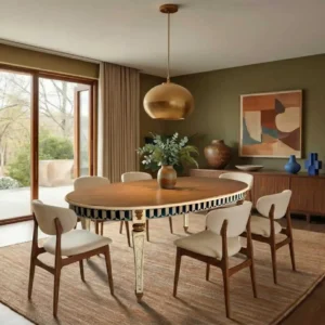 Mesa de comedor Blunara integrada en un comedor cálido de estilo contemporáneo con sillas crema y lámpara dorada.