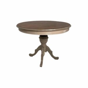 Mesa de comedor Mudea redonda con base central tallada y tablero de madera en tonos cálidos