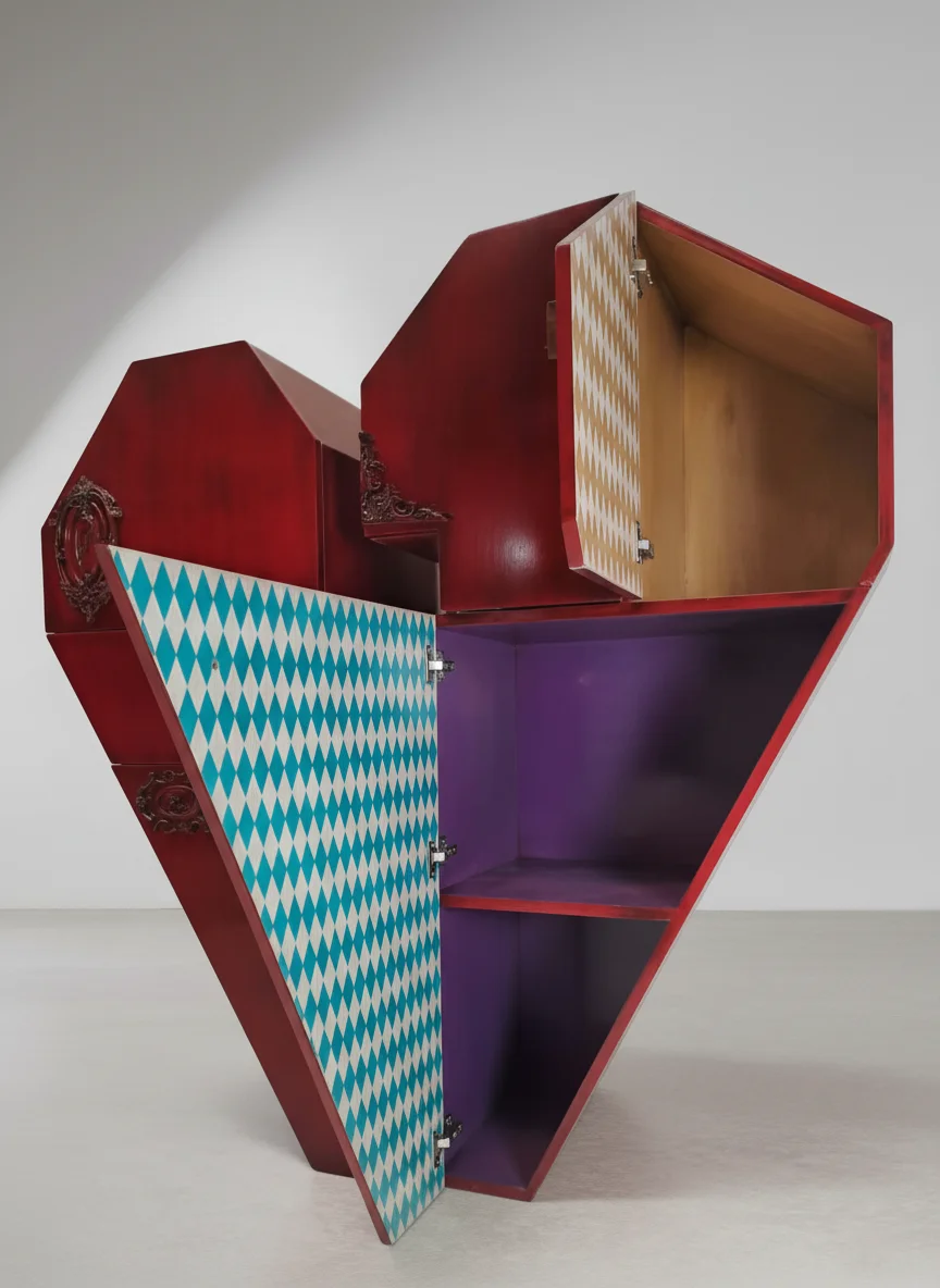Interior del Mueble Corazón con patrones geométricos y colores contrastados.