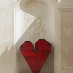 Mueble Corazón lacado en rojo integrado en un ambiente con arco decorativo.