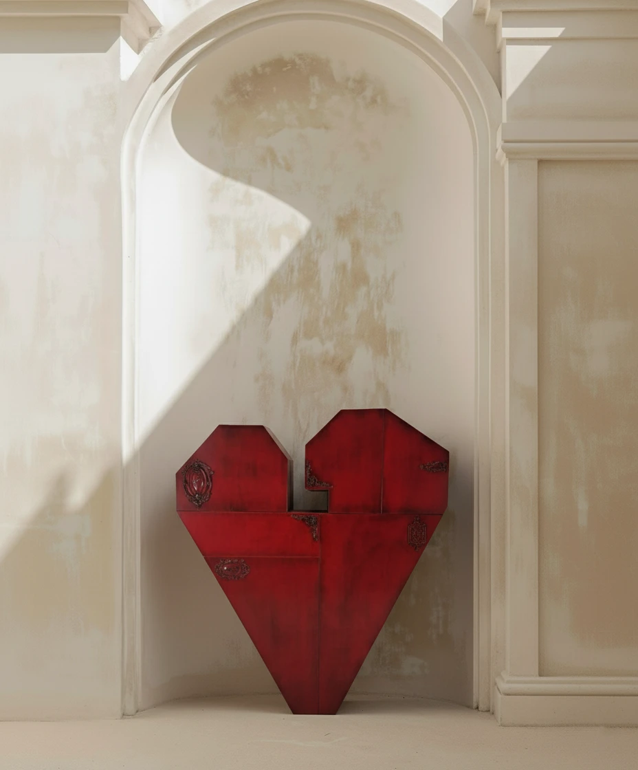 Mueble Corazón lacado en rojo integrado en un ambiente con arco decorativo.