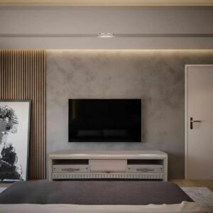 mueble de TV Horizonte artesanal integrado en dormitorio moderno