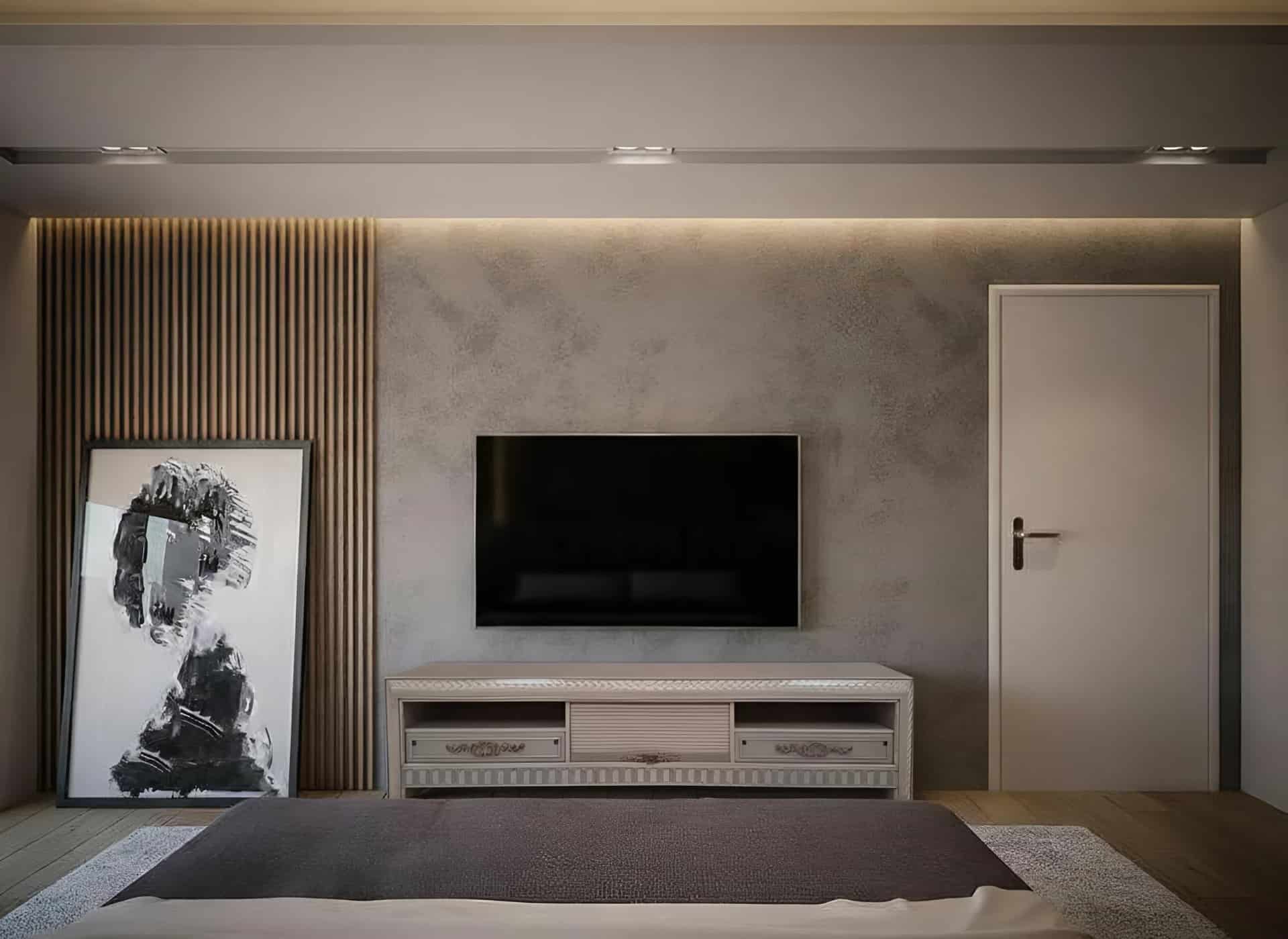 mueble de TV Horizonte artesanal integrado en dormitorio moderno