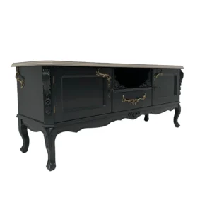 mueble TV Noir d’Or negro con detalles dorados sobre fondo blanco