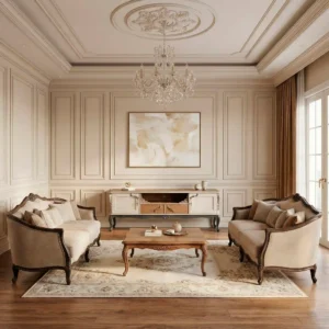 Cajón central y hueco abierto del mueble tv Perle d'argent con contraste de madera natural