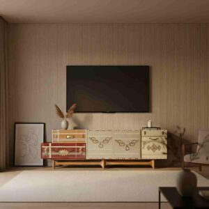 mueble de TV Travesía artesanal instalado en salón contemporáneo