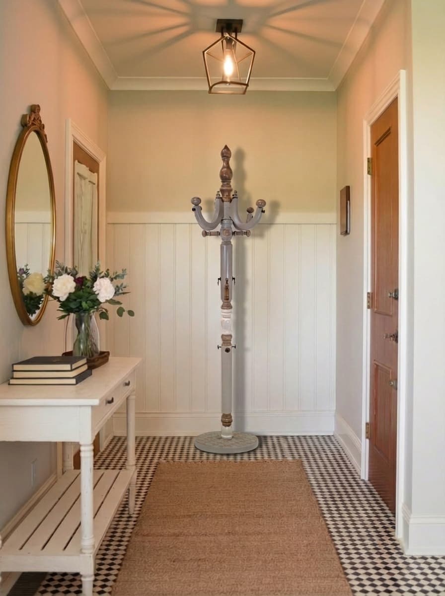 perchero Cantabile colocado en una entrada con mesa auxiliar, espejo redondo y suelo en mosaico