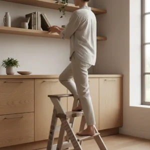 silla transformable Pasos de Luna en uso como escalerita en una cocina de madera