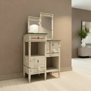 tocador Guillermo Tell colocado en un interior cálido con suelo claro y pared beige