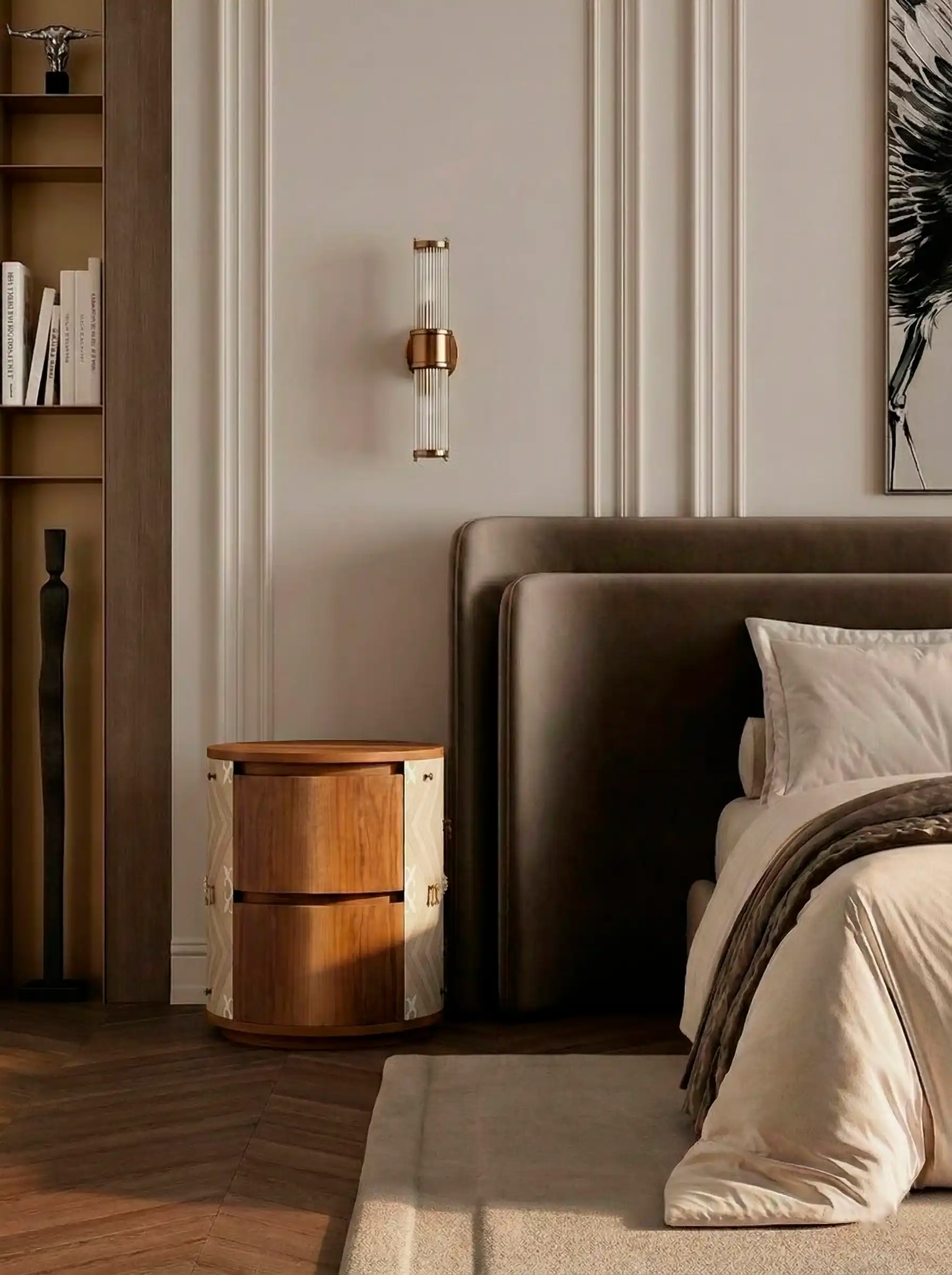 Mesilla de noche circular de nogal integrada en dormitorio contemporáneo