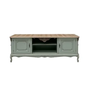 Mueble TV Jade Marfil en acabado verde empolvado con puertas laterales y huecos centrales abiertos