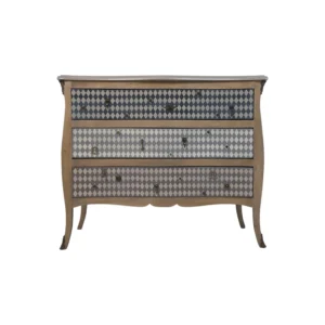 Cómoda modelo Arlequino con estampado de rombos en tonos azules, grises y madera natural.