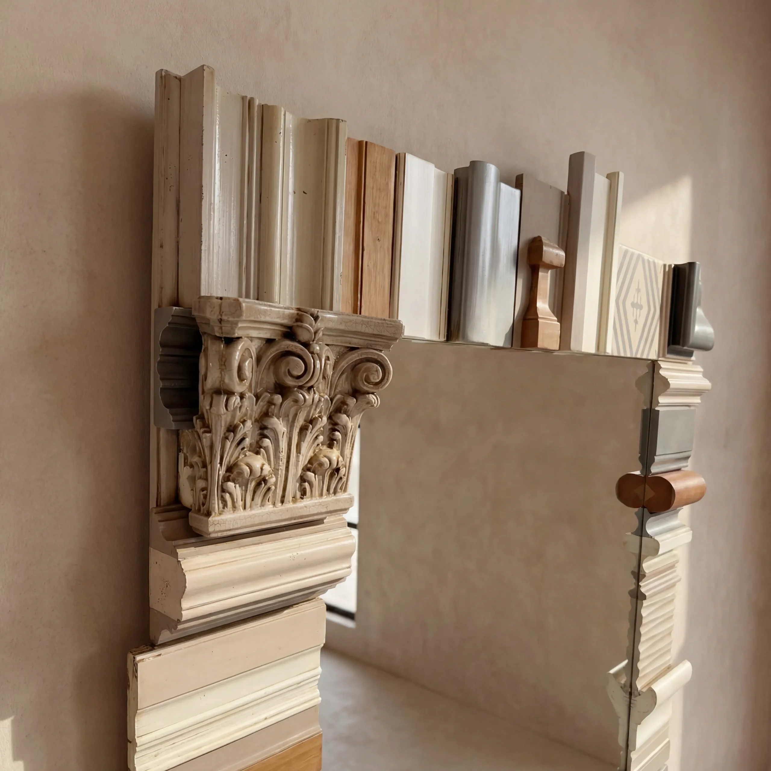 Detalle del marco ecléctico compuesto por la superposición de diferentes molduras, cornisas y frisos decorativos antiguos.