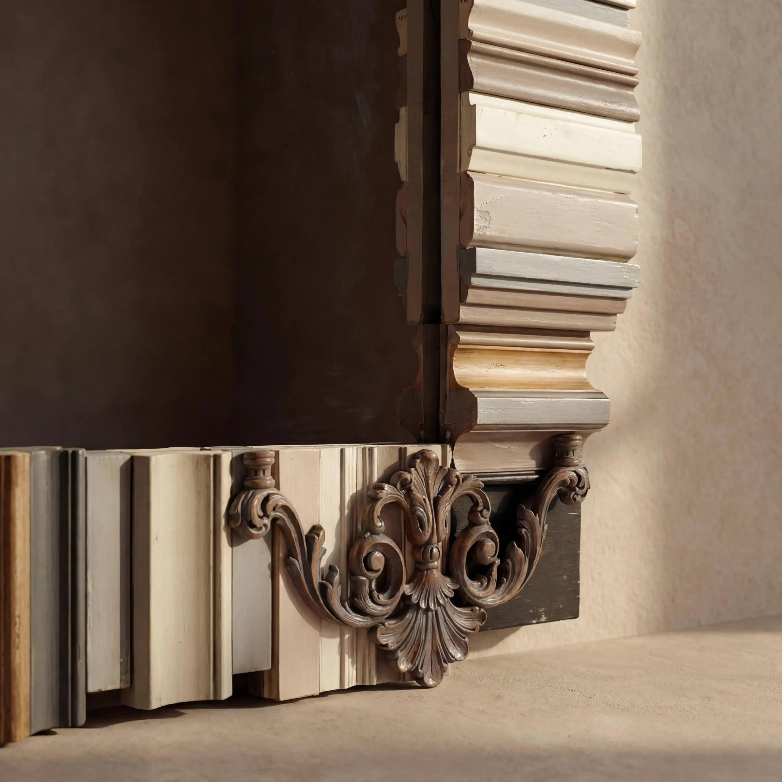 Primer plano de los relieves del marco, mostrando una paleta de colores neutros que combina grises, beige, tonos madera y negro.