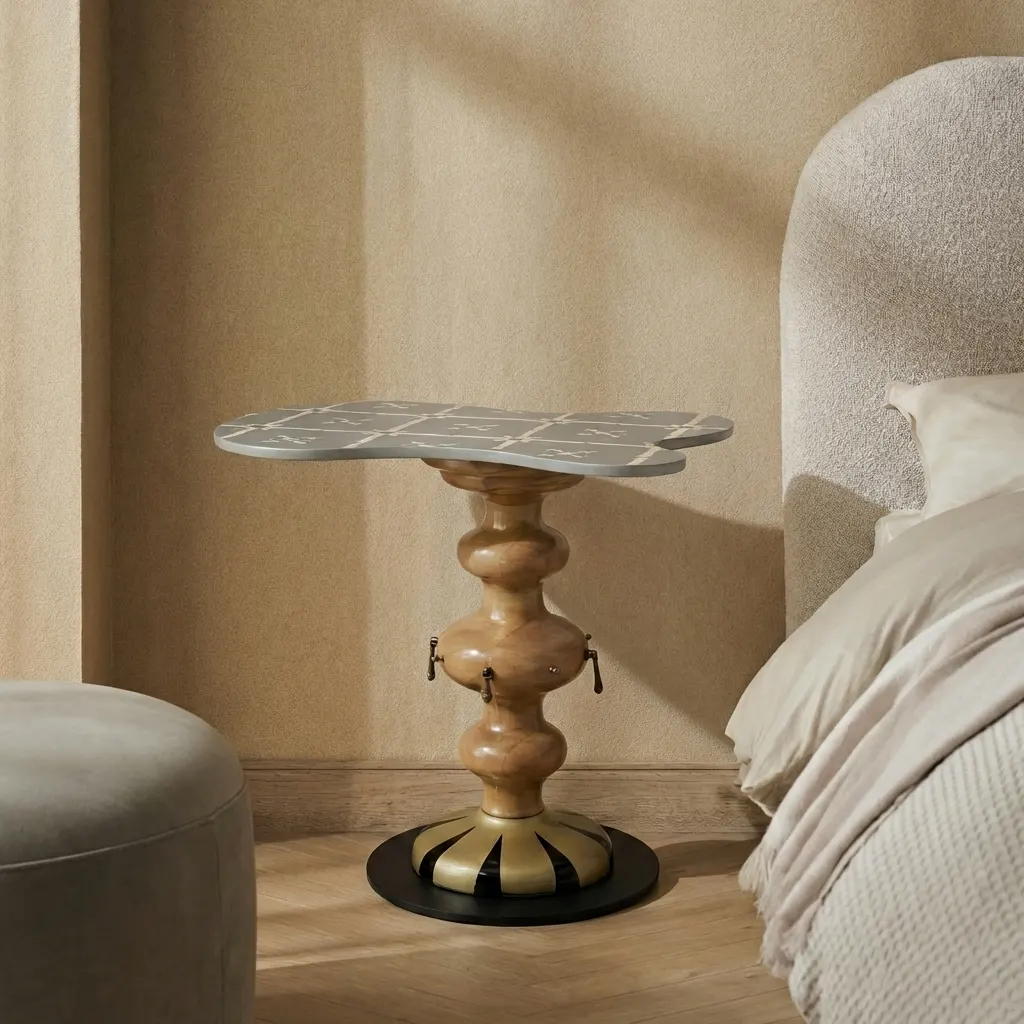 Mesita decorativa con silueta curva, ideal para romper la monotonía de líneas rectas.