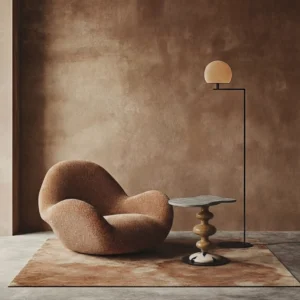 Mesita de noche de diseño original con pie de madera y acabados frescos y luminosos.