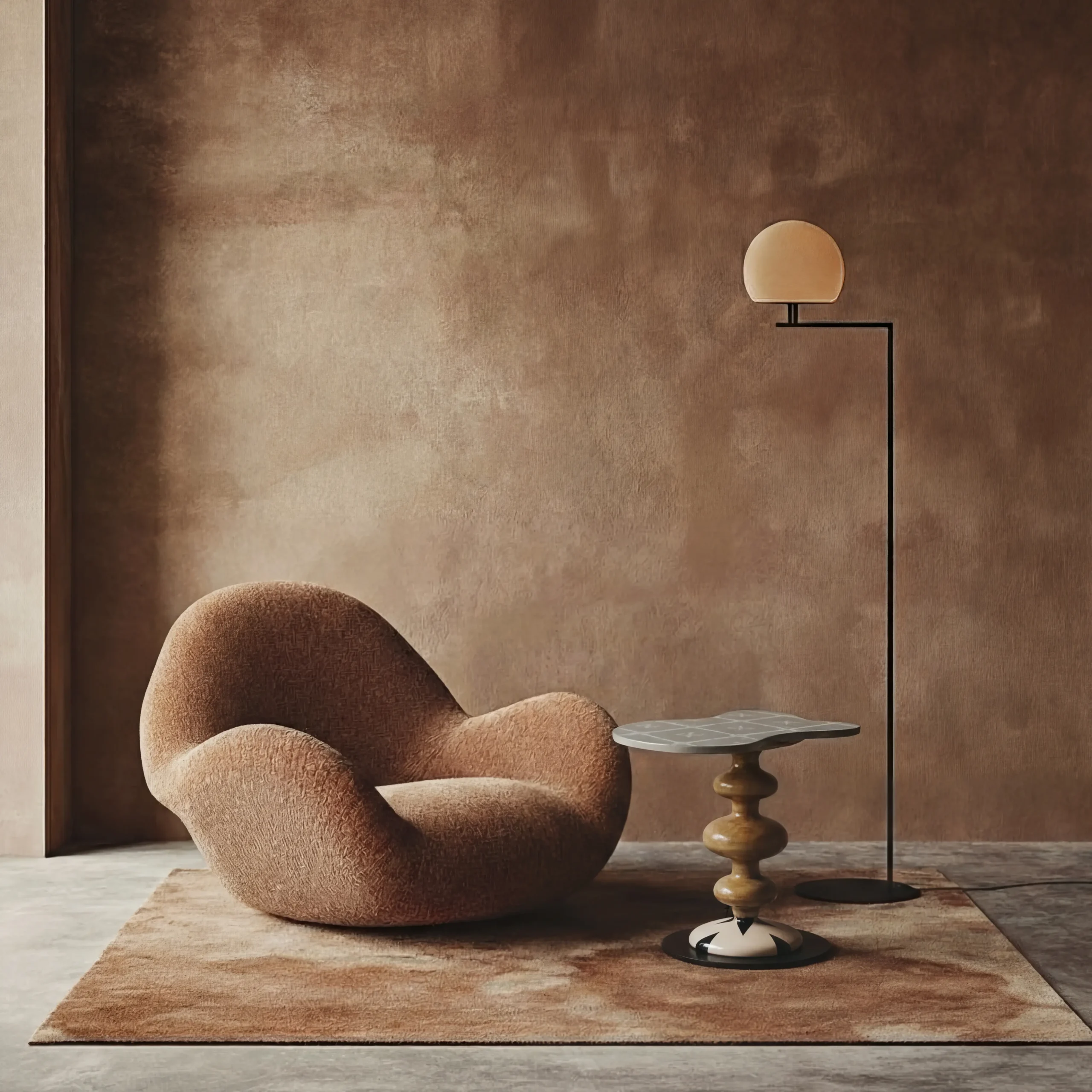 Mesita de noche de diseño original con pie de madera y acabados frescos y luminosos.