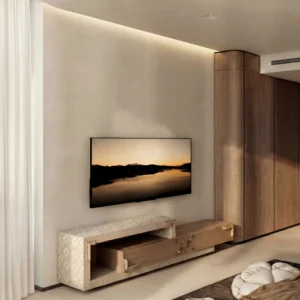 Vista del mueble Metro cerrado mostrando su diseño compacto de madera y detalles decorativos.