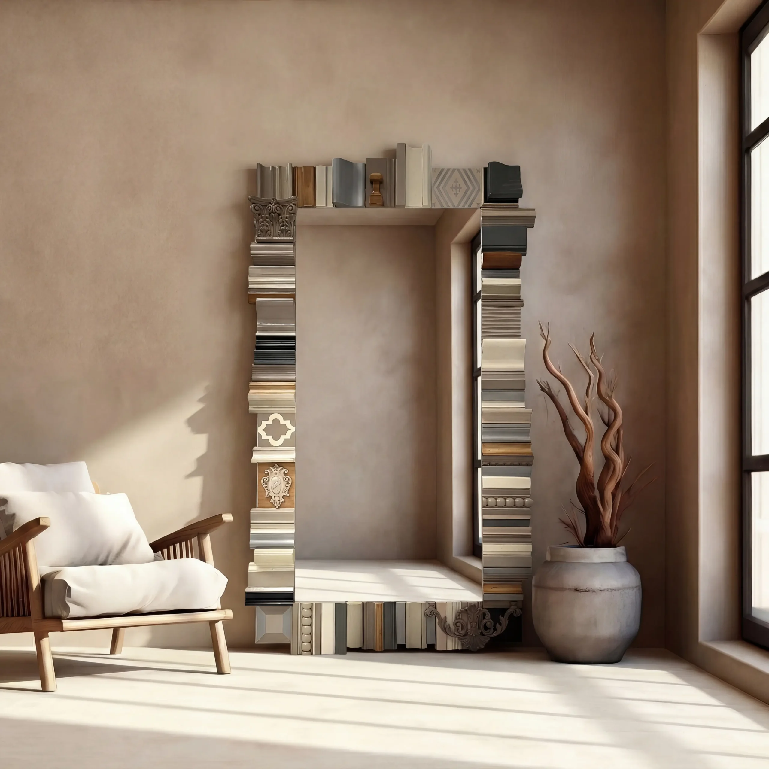 Espejo grande de estilo industrial chic, perfecto como pieza central en un vestidor amplio o dormitorio principal.